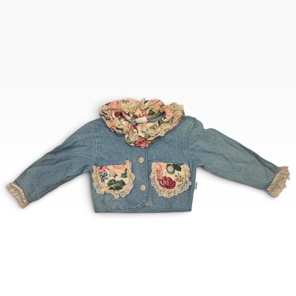 Vintage Baby Baby Girls Denim Jacket Floral Lace Pearl Made in USA Size 6